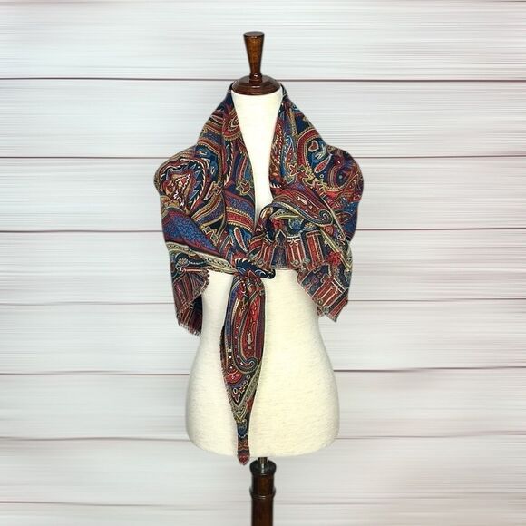 Large Square Scarf Paisley Red Blue Tan 46x46” - Picture 6 of 7